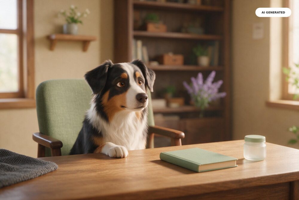 KI-generierte Darstellung eines Hundes in einer ruhigen, freundlichen Szene zum Thema Globuli beim Hund.