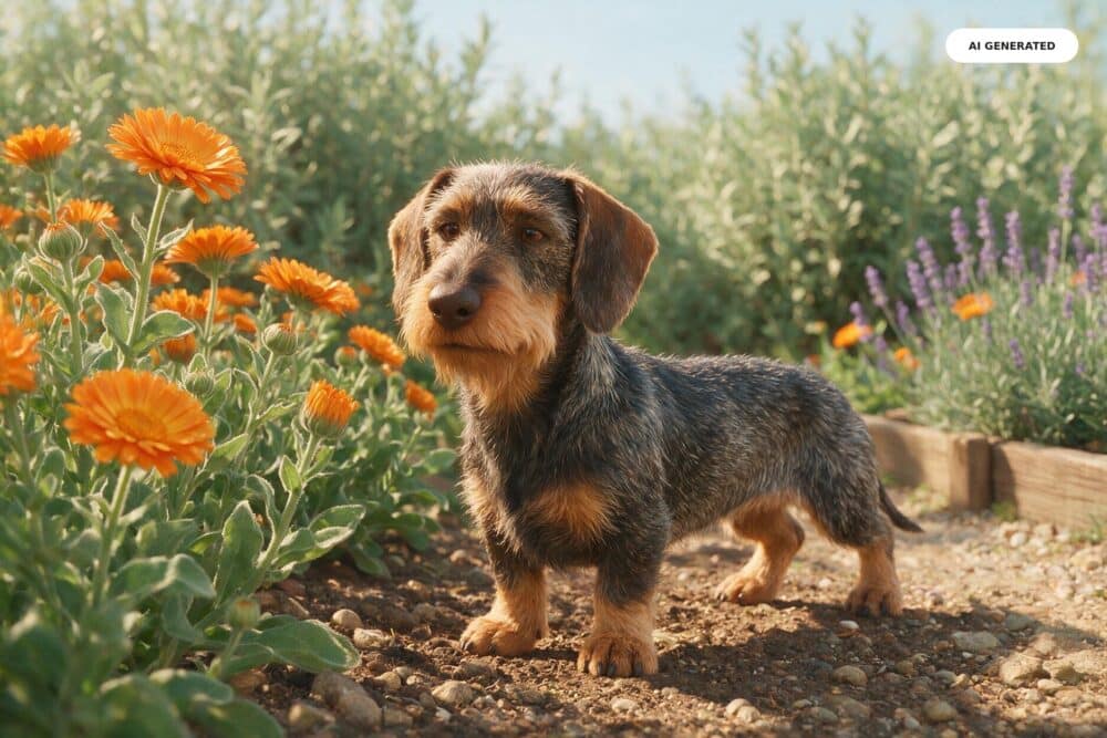 KI-generierte Darstellung eines Hundes in einer ruhigen, freundlichen Szene zum Thema Ringelblume beim Hund.