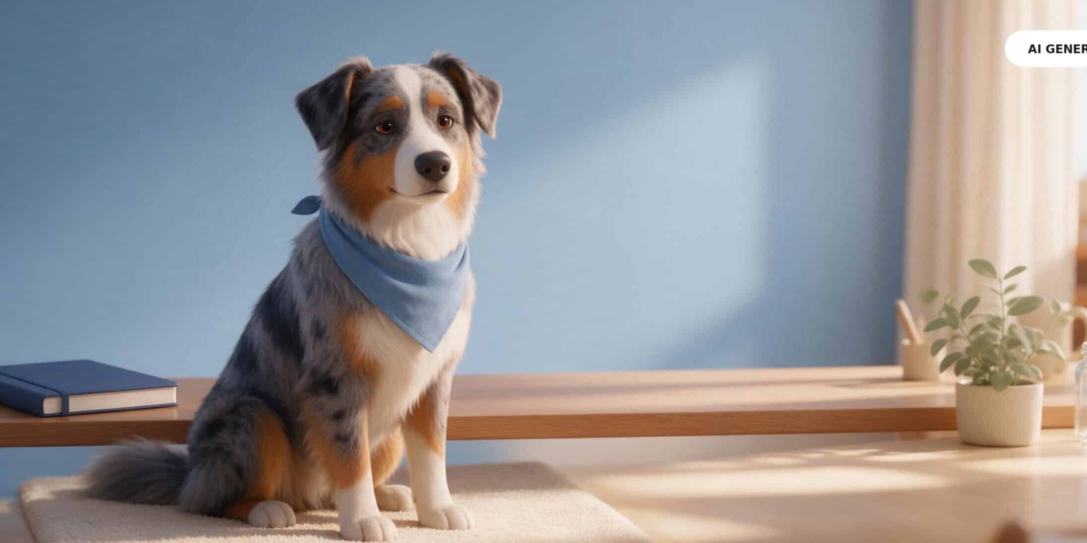KI-generierte Darstellung eines Australian Shepherd neben Notizbuch und Glasgefäß – als Headerbild zum Thema Globuli beim Hund.