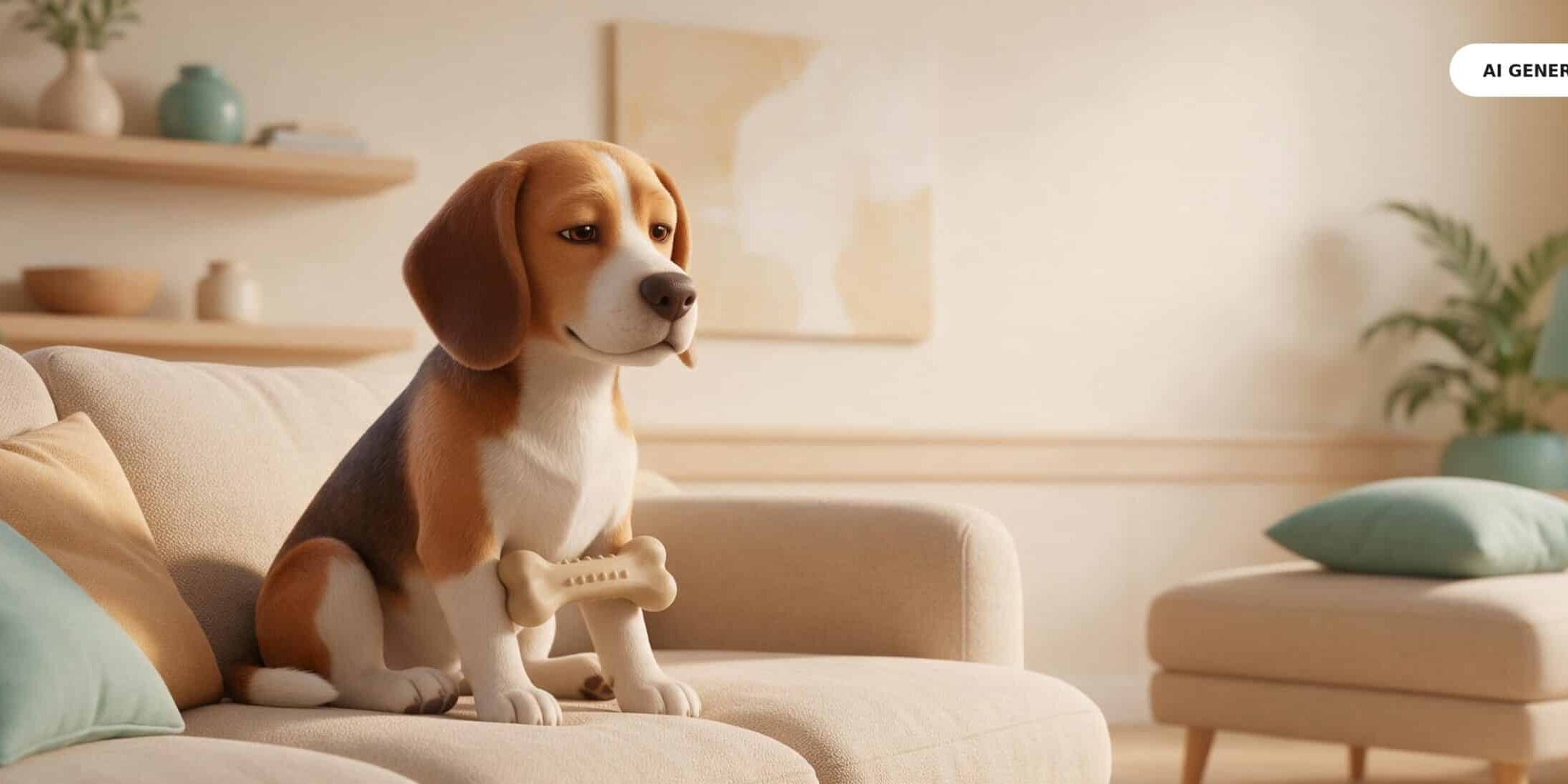 3D-Cartoon Header: Beagle und Zahnpflege KI-generierte Darstellung eines ruhigen Beagles mit Kauspielzeug – als Headerbild zum Thema Zahnfleischentzündung beim Hund.
