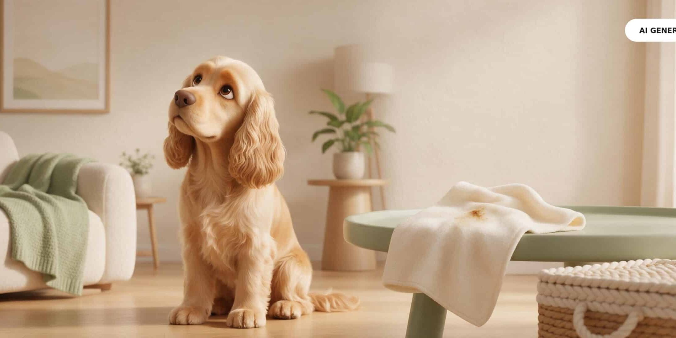 KI-generierte Darstellung eines Cocker Spaniels in einem ruhigen Zuhause – als Headerbild zum Thema Ohrenentzündung beim Hund.