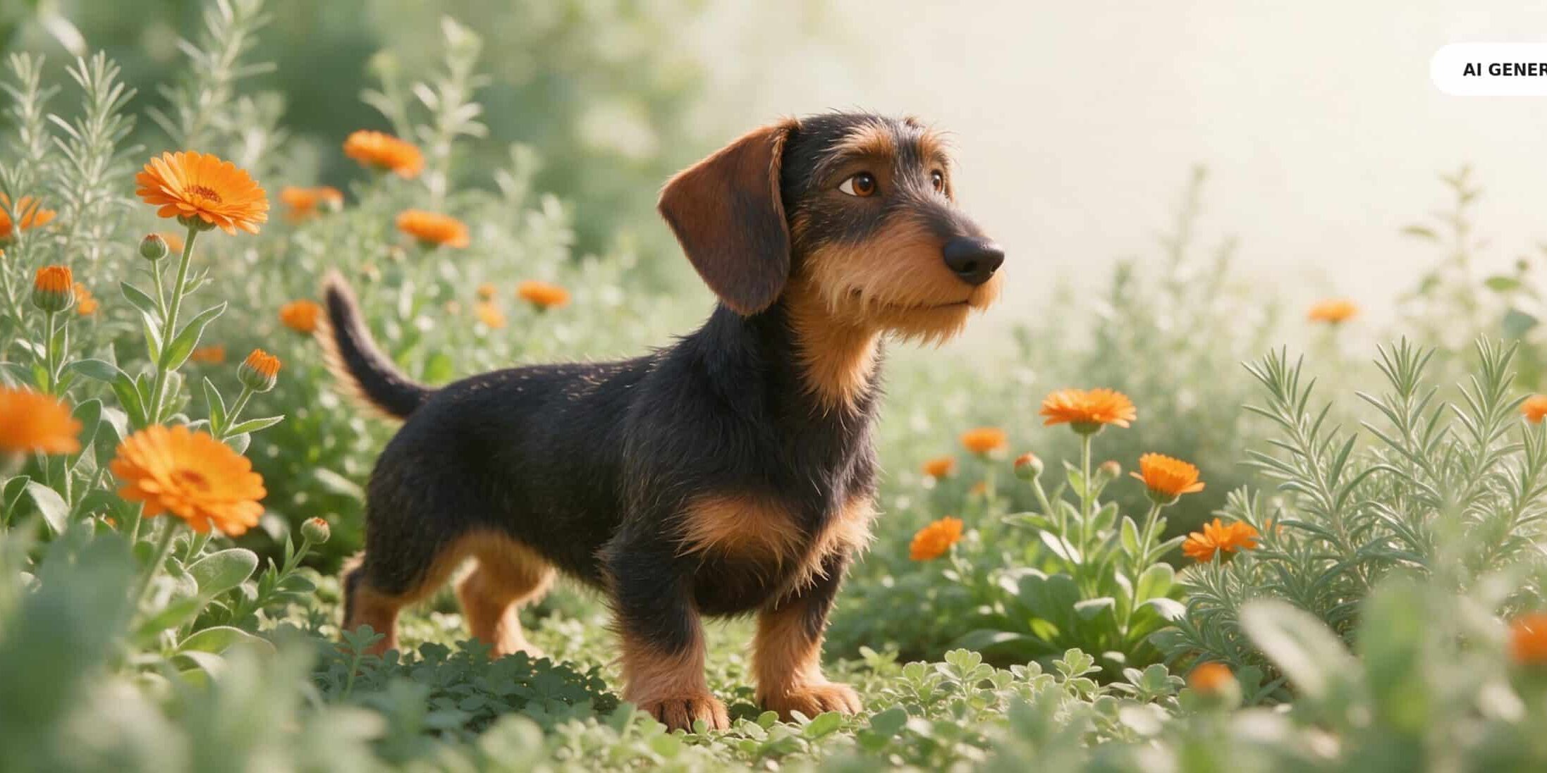 3D-Cartoon Header: Dackel mit Ringelblumen KI-generierte Darstellung eines Dackels zwischen Ringelblumen – als Headerbild zum Thema Ringelblume beim Hund.