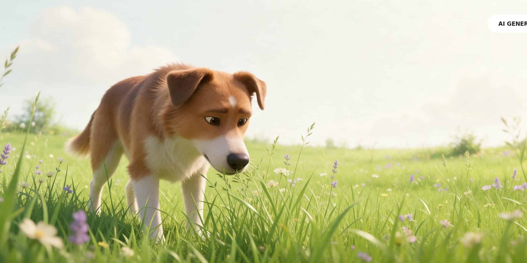KI-generierte Darstellung eines Hundes in einer Frühlingswiese – als Headerbild zum Thema Allergien beim Hund.
