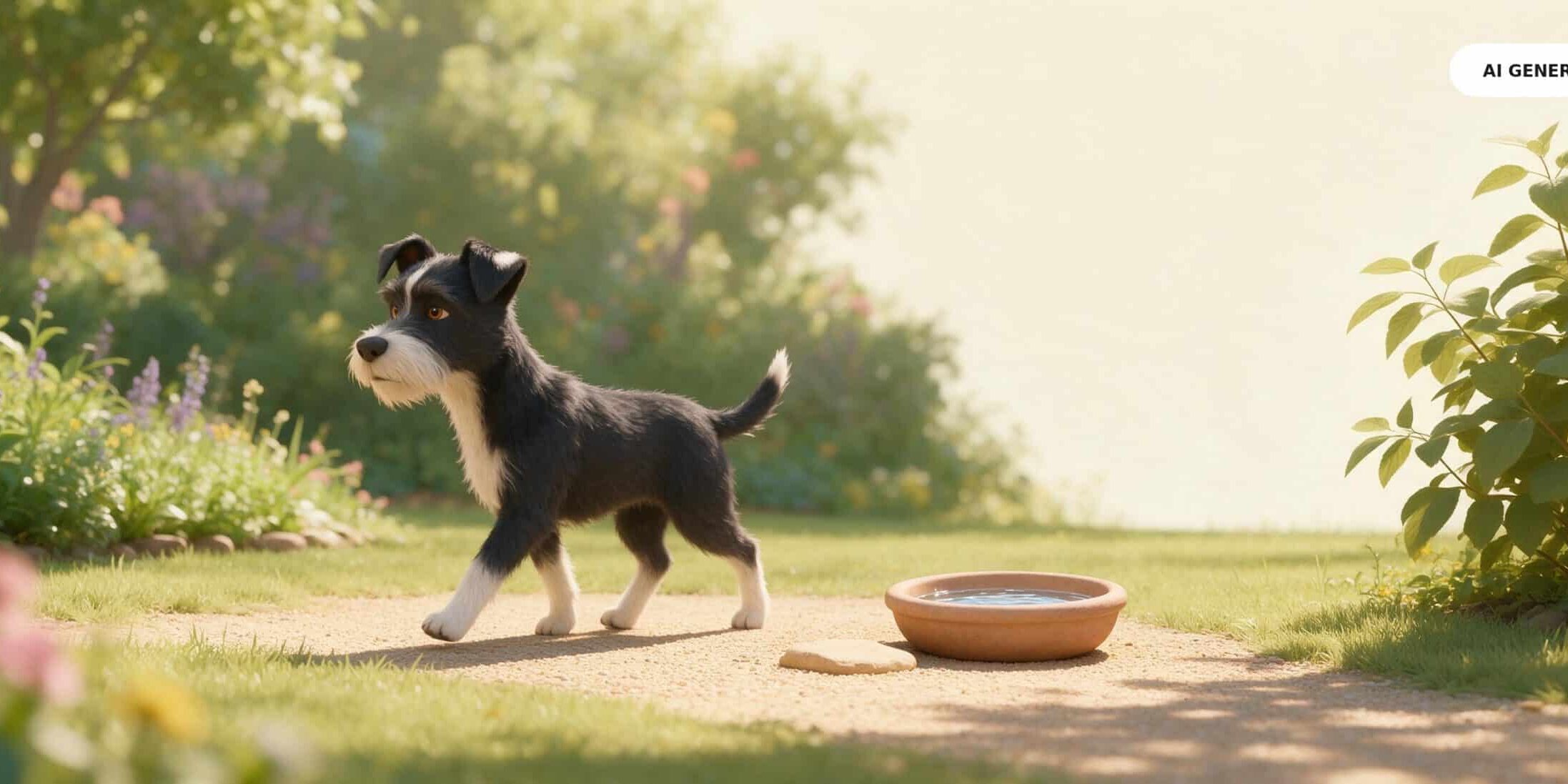 KI-generierte Darstellung eines schwarz-weißen Terriers im Garten – als Headerbild zum Thema Durchfall beim Hund.