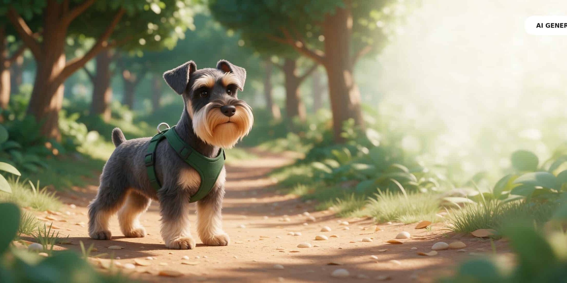 KI-generierte Darstellung eines Zwergschnauzers auf einem Waldweg – als Headerbild zum Thema Zeckenschutz beim Hund.