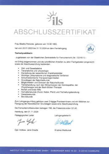 Abschlusszertifikat - Tierheilpraktikerin Madita Persicke