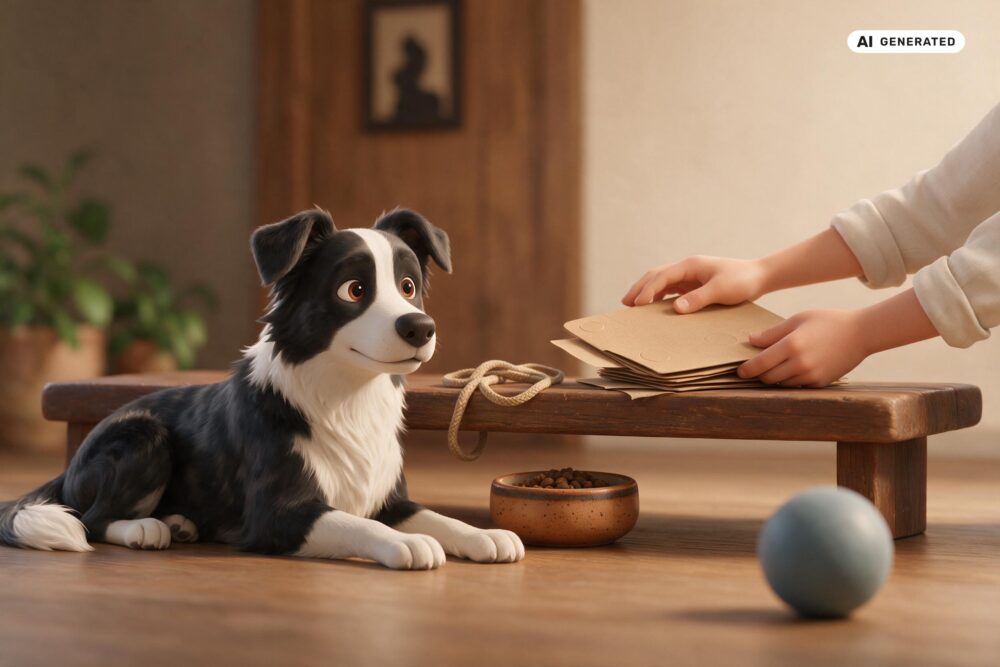 KI-generierte Darstellung eines Border Collies neben geordneten Unterlagen, Futternapf und Alltagsgegenständen während der Anamnese.