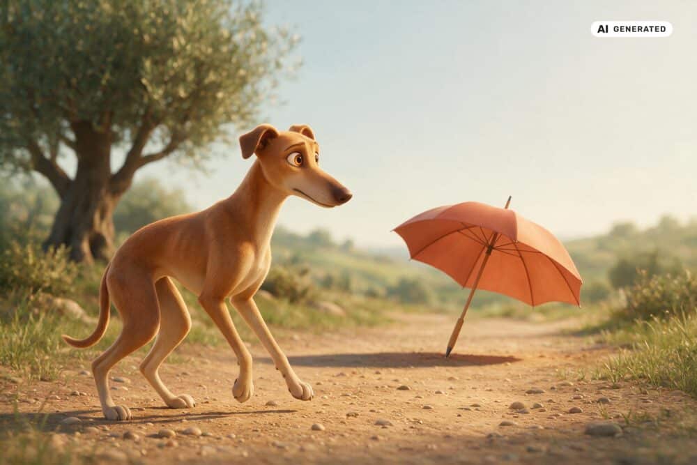 KI-generierte Darstellung eines Galgo Españols mit passenden Alltagsgegenständen zum Abschnitt „Angstsignale ernst nehmen und einordnen“.