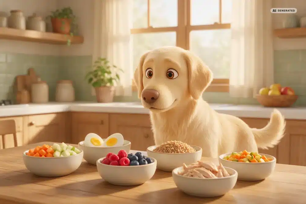 BARF-Ernährungsberatung Köln – Motiv 1 KI-generierte Darstellung: übersichtlich vorbereitete Zutaten für eine BARF-Ration im 3D-Cartoonstil
