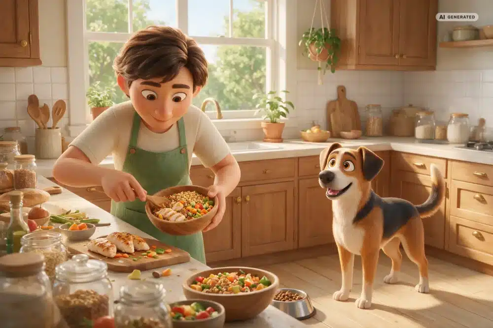 BARF-Ernährungsberatung Köln – Motiv 2 KI-generierte Darstellung: Zubereitung einer individuellen Hunderation im 3D-Cartoonstil