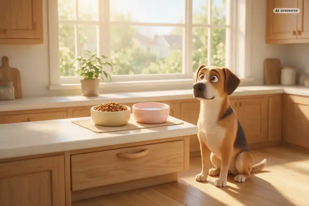 BARF-Ernährungsberatung Köln – Motiv 3 KI-generierte Darstellung: hygienisch vorbereiteter Futterplatz im 3D-Cartoonstil