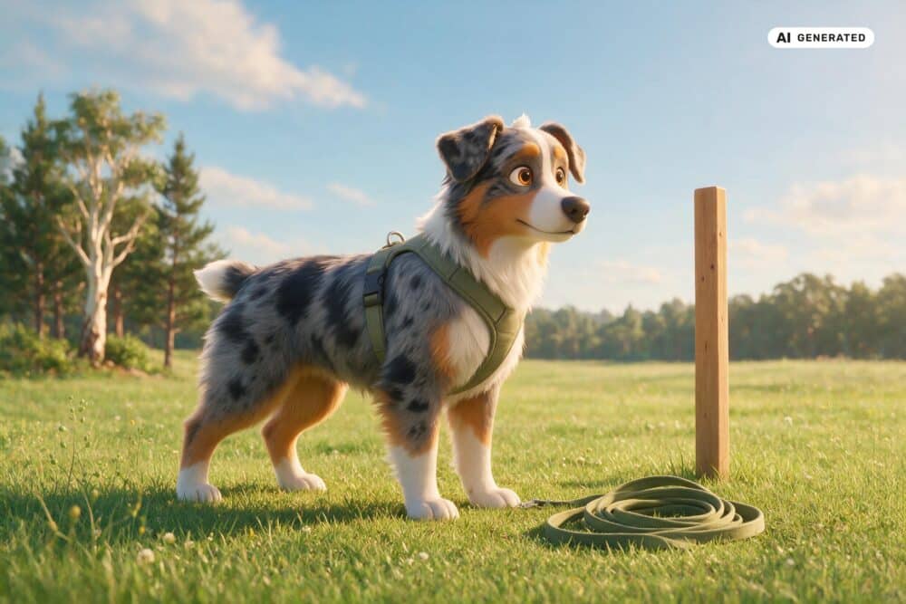 KI-generierte Darstellung eines Australian Shepherds mit passenden Alltagsgegenständen zum Abschnitt „Ein Rückrufsignal braucht eine klare Bedeutung“.