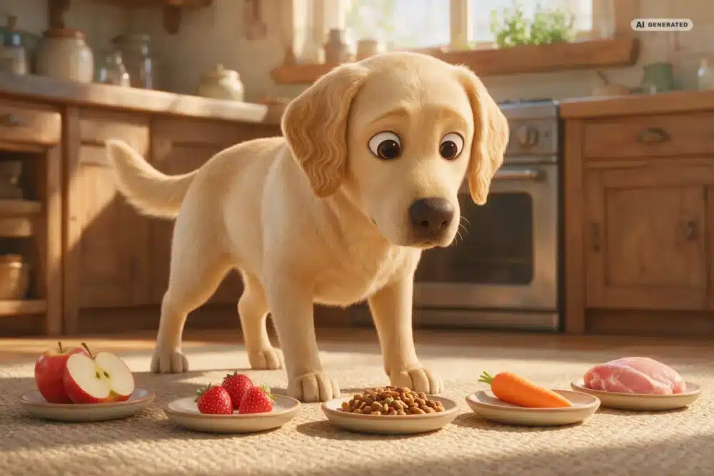 Ernährung bei Allergieverdacht beim Hund in Köln – Motiv 1 KI-generierte Darstellung: übersichtliche Futterauswahl bei Allergieverdacht im 3D-Cartoonstil