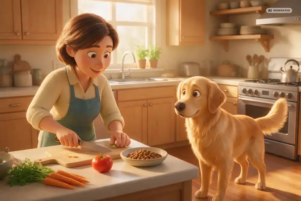 Ernährung bei Allergieverdacht beim Hund in Köln – Motiv 2 KI-generierte Darstellung: Zubereitung einer kontrollierten Mahlzeit für einen Hund im 3D-Cartoonstil
