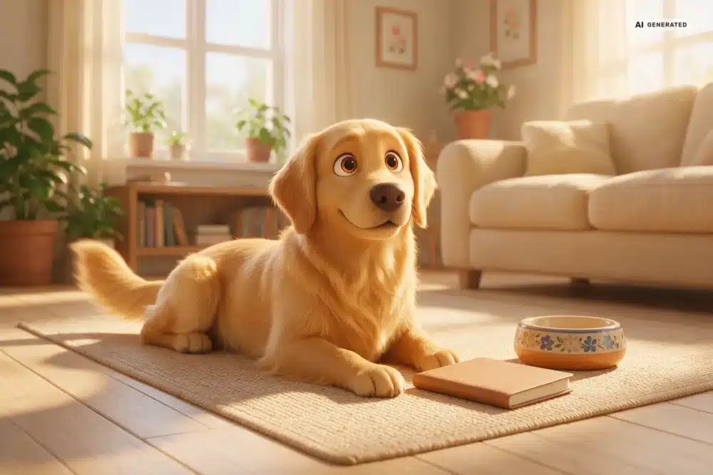 Ernährung bei Allergieverdacht beim Hund in Köln – Motiv 3 KI-generierte Darstellung: Futterbeobachtung mit leerem Notizbuch im 3D-Cartoonstil