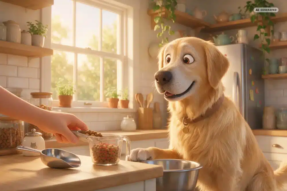 Ernährung für Senior-Hunde in Köln – Motiv 2 KI-generierte Darstellung: Zubereitung einer Mahlzeit für einen älteren Hund im 3D-Cartoonstil