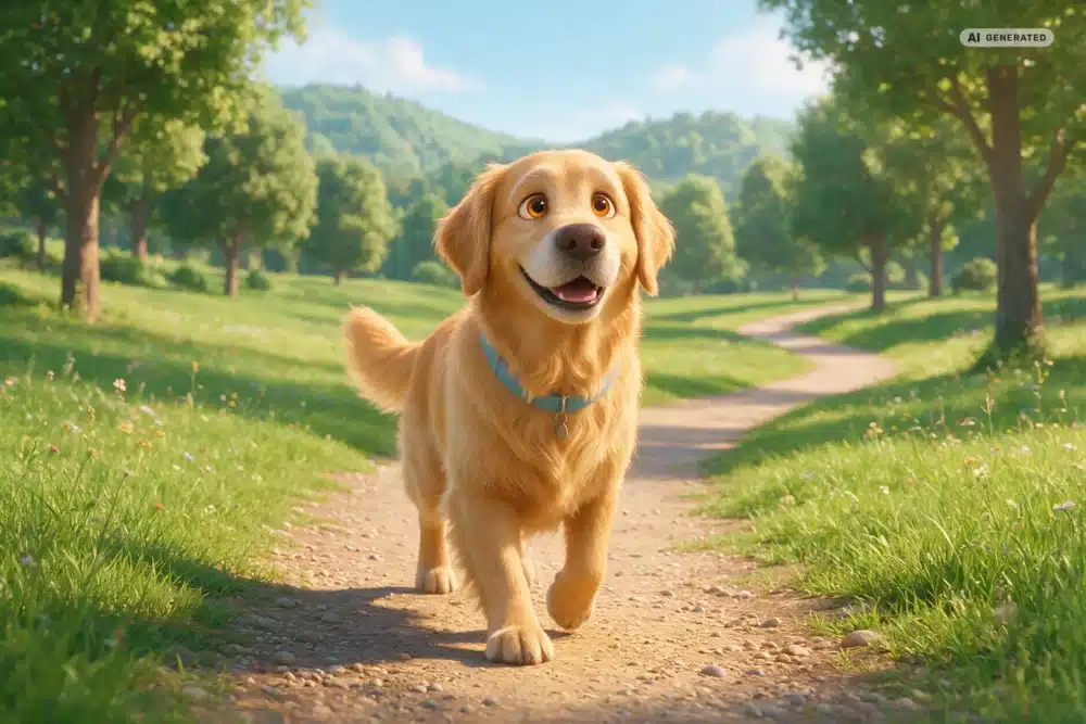 Ernährung für Senior-Hunde in Köln – Motiv 3 KI-generierte Darstellung: Seniorhund bei einem ruhigen Spaziergang im 3D-Cartoonstil