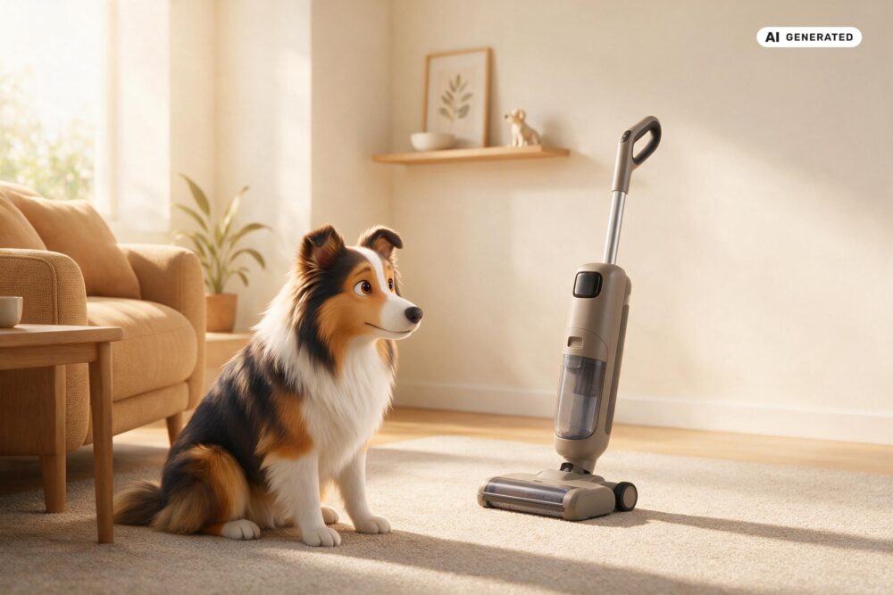 KI-generierte Darstellung eines Shetland Sheepdogs mit passenden Alltagsgegenständen zum Abschnitt „Geräusche und frühe Stresssignale genau beobachten“.