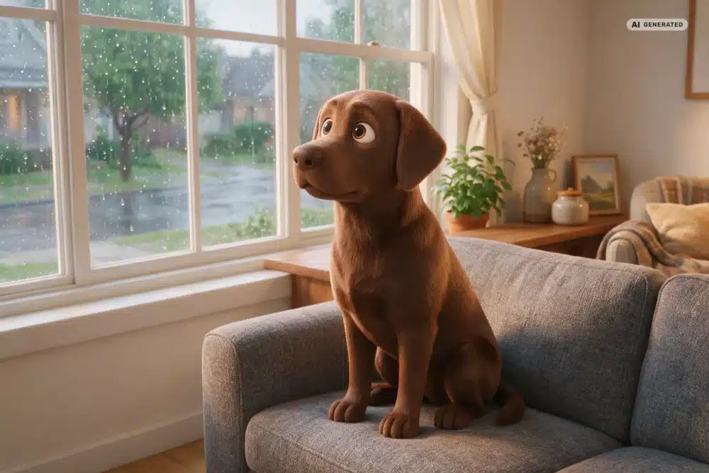 Gewitterangst beim Hund – Motiv 1 KI-generierte Darstellung: Hund nimmt Regen am Fenster wahr im 3D-Cartoonstil