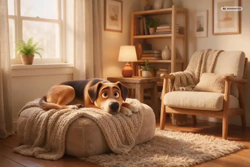 Gewitterangst beim Hund – Motiv 2 KI-generierte Darstellung: Hund ruht in einem geschützten Rückzugsort im 3D-Cartoonstil