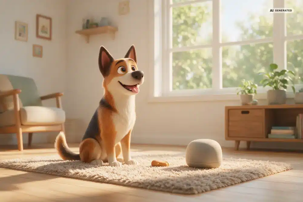 Gewitterangst beim Hund – Motiv 3 KI-generierte Darstellung: ruhiges Training außerhalb eines Gewitters im 3D-Cartoonstil
