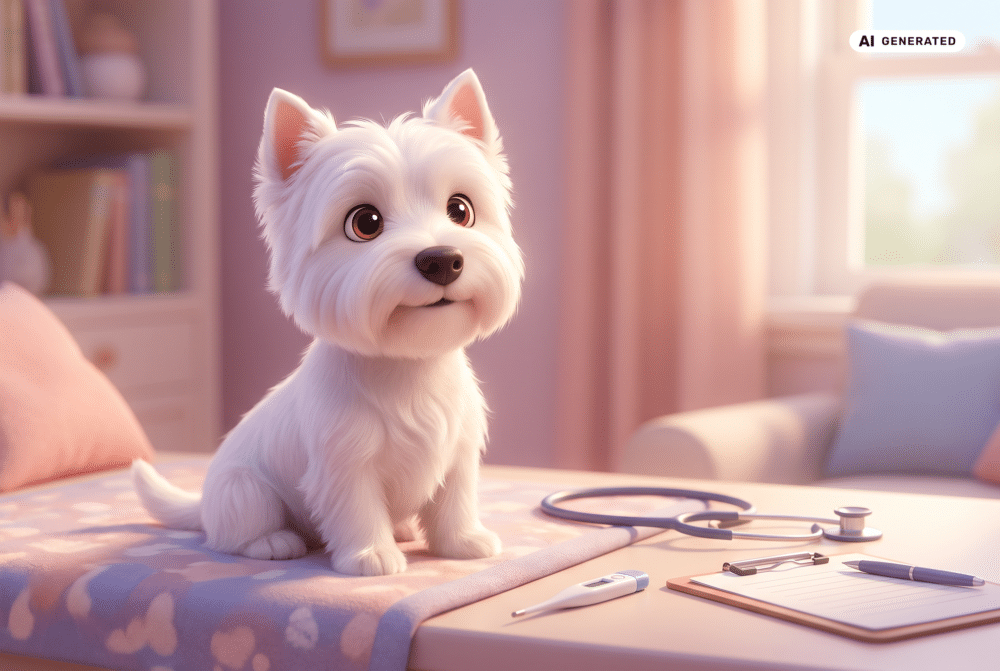 KI-generierte 3D-Comicillustration eines West Highland Terriers bei einer ruhigen Anamnese mit Stethoskop und Klemmbrett