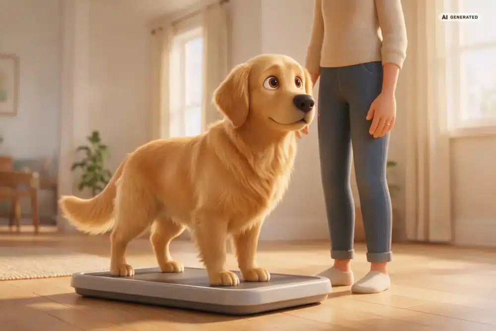 Hundediät Köln – Motiv 1 KI-generierte Darstellung: ruhige Gewichtskontrolle bei einem Hund im 3D-Cartoonstil