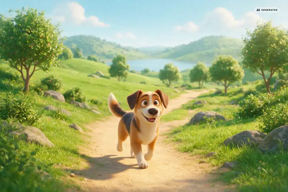 Hundediät Köln – Motiv 3 KI-generierte Darstellung: Hund bei einem entspannten Spaziergang im 3D-Cartoonstil