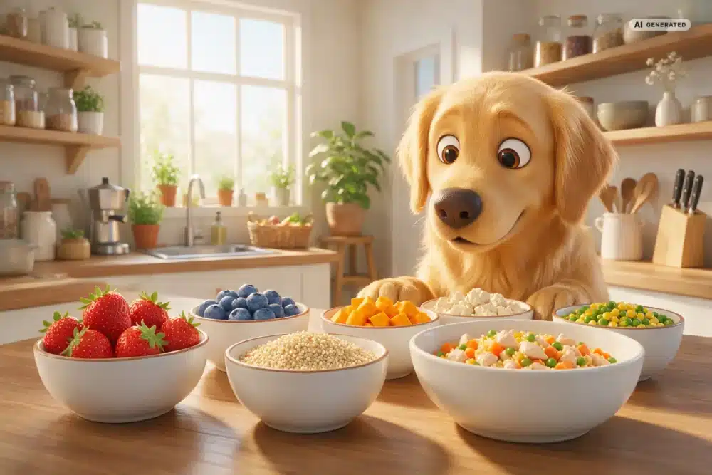 Hundefutteroptimierung Köln – Motiv 1 KI-generierte Darstellung: Vergleich verschiedener einfacher Futterbestandteile im 3D-Cartoonstil