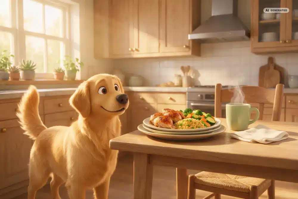 Hundefutteroptimierung Köln – Motiv 3 KI-generierte Darstellung: Hund neben einer fertig zusammengestellten Mahlzeit im 3D-Cartoonstil