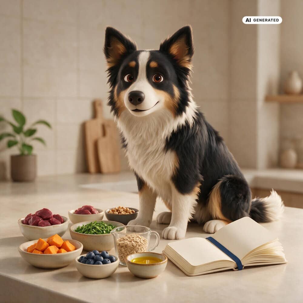 KI-generierte Darstellung eines Border Collies neben ausgewählten Futterbestandteilen und einem offenen Futterplan.