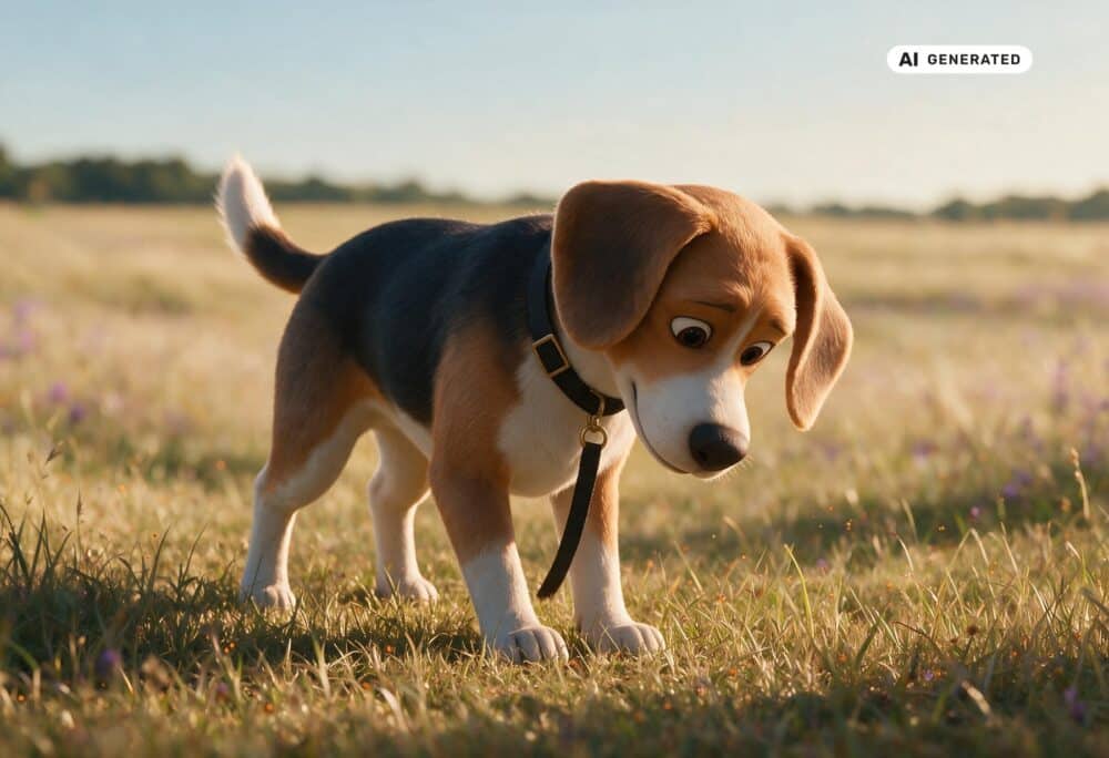 KI-generierte Darstellung eines Beagles, der am Rand einer Sommerwiese eine Vorderpfote betrachtet.
