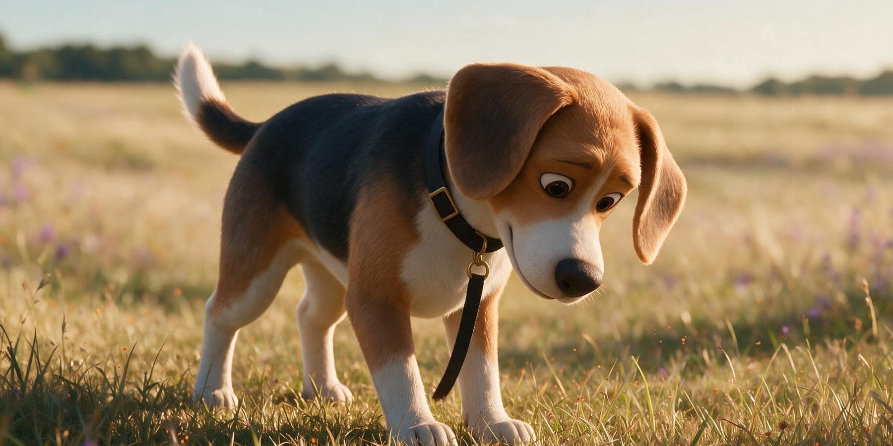 KI-Illustration 11921 – Grasmilben erkennen KI-generierte Darstellung eines Beagles, der am Rand einer Sommerwiese eine Vorderpfote betrachtet.