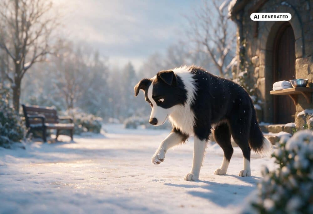 KI-generierte Darstellung eines Border Collies bei einer Pfotenkontrolle auf einem verschneiten Weg.