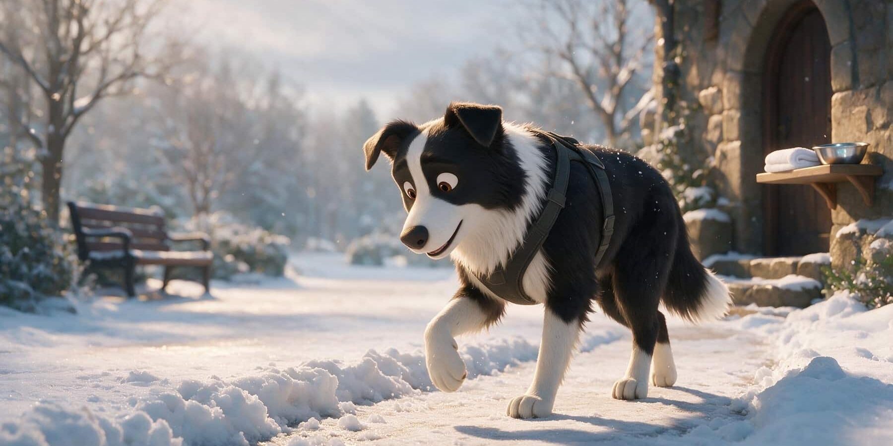 KI-generierte Darstellung eines Border Collies auf einem sicheren, geräumten Winterweg.