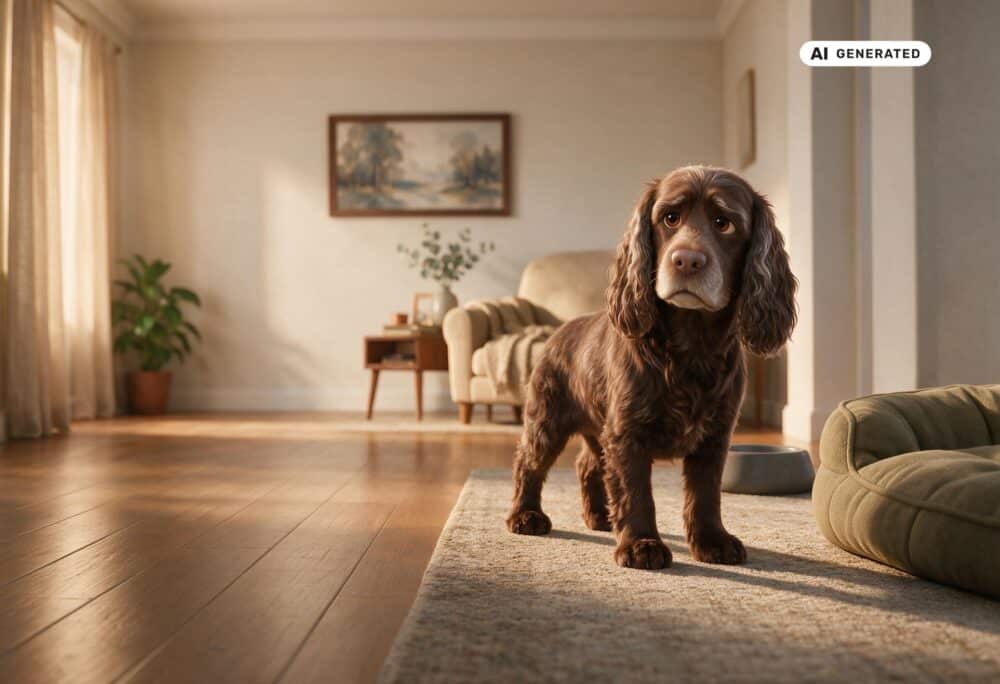 KI-generierte Darstellung eines älteren Cocker Spaniels, der in einer vertrauten Wohnung an einer Tür innehält.