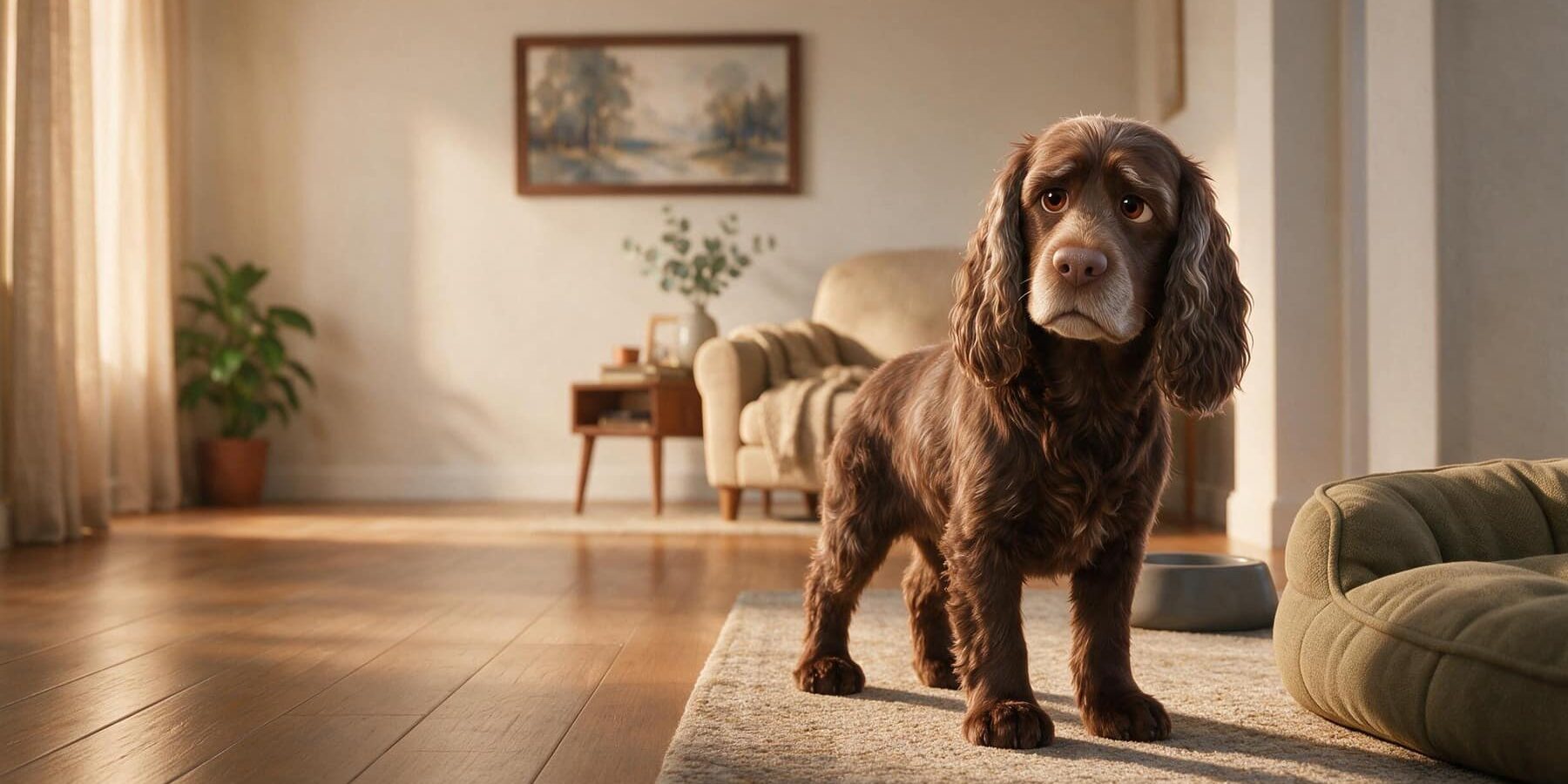 KI-Illustration 12234 KI-generierte Darstellung eines älteren Cocker Spaniels, der in einer vertrauten Wohnung an einer Tür innehält.