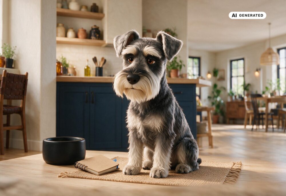 KI-generierte Darstellung eines ruhig sitzenden Schnauzers neben einem Futternapf.