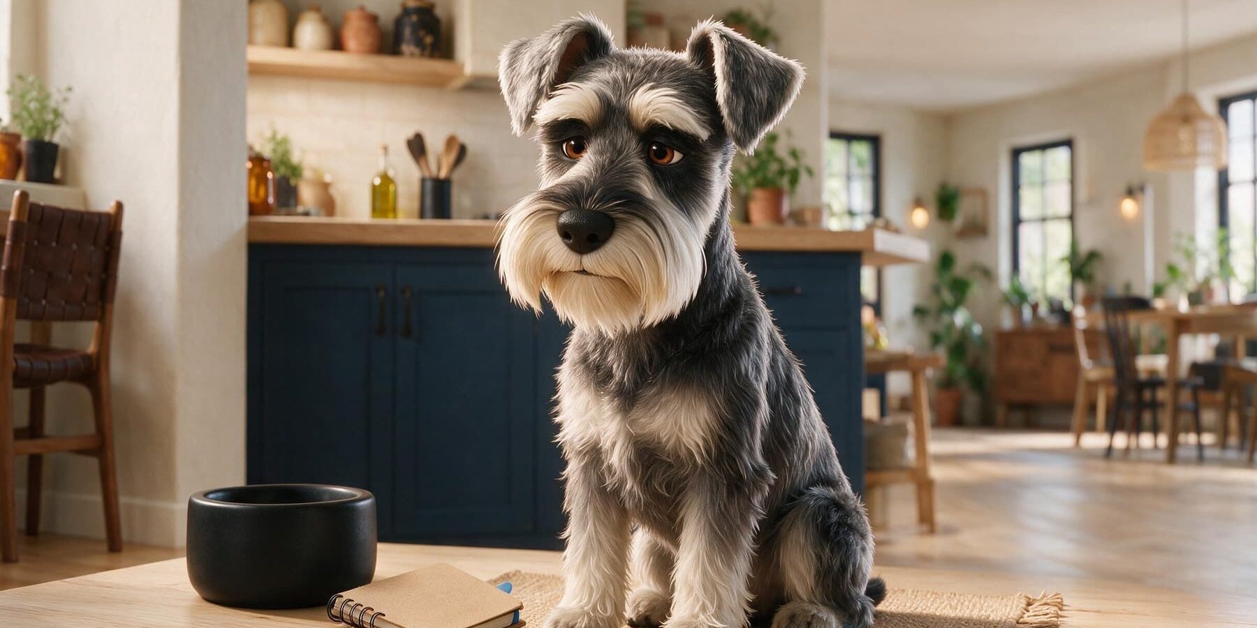 KI-generierte Darstellung eines ruhig sitzenden Schnauzers neben einem Futternapf.