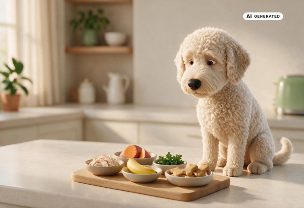 KI-generierte Darstellung eines Lagotto Romagnolo neben getrennt bereitgestellten Snackzutaten.