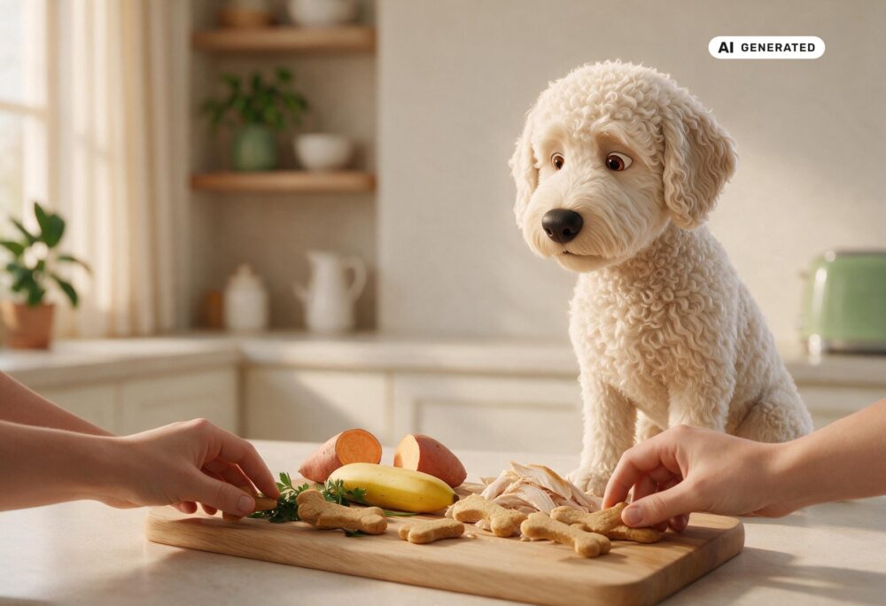 KI-generierte Darstellung eines Lagotto Romagnolo in einer Küche mit selbst gebackenen Hundesnacks und einzelnen Zutaten.