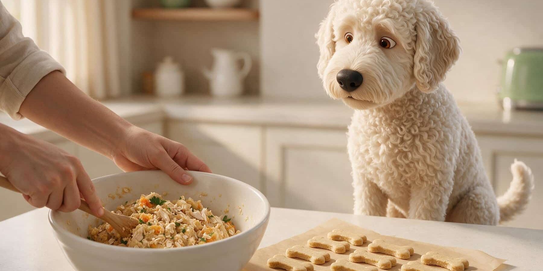 KI-generierte Darstellung der sorgfältigen Zubereitung kleiner Hundesnacks in einer Küche.