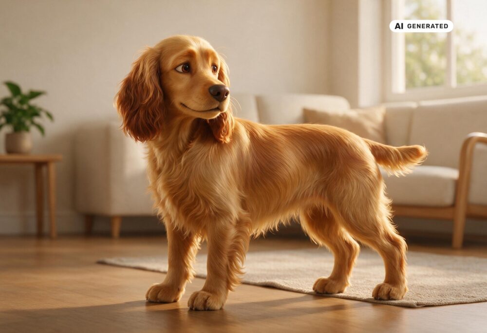 KI-generierte Darstellung eines English Cocker Spaniels, der im Stand aufmerksam über die Schulter zurückblickt.