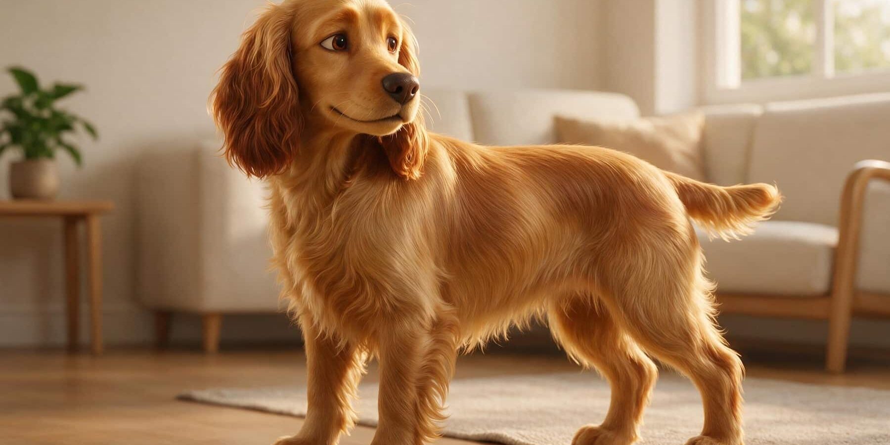 KI-Illustration 12380 – Warnzeichen erkennen KI-generierte Darstellung eines English Cocker Spaniels, der im Stand aufmerksam über die Schulter zurückblickt.
