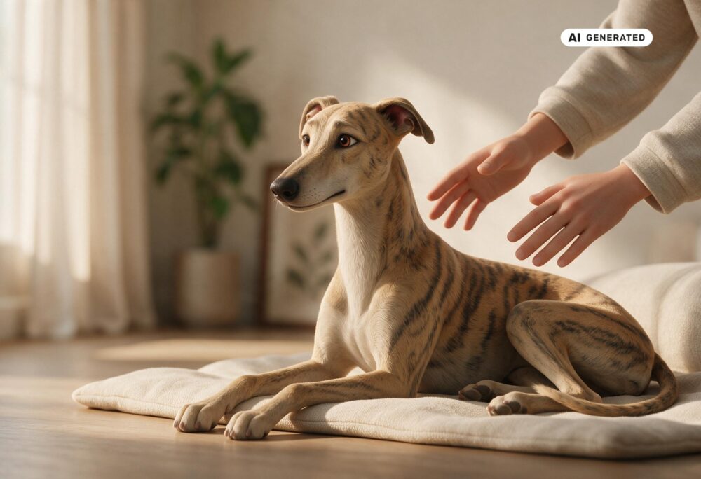 KI-generierte Darstellung eines ruhenden Whippets bei einem freiwilligen Reiki-Ruheangebot.