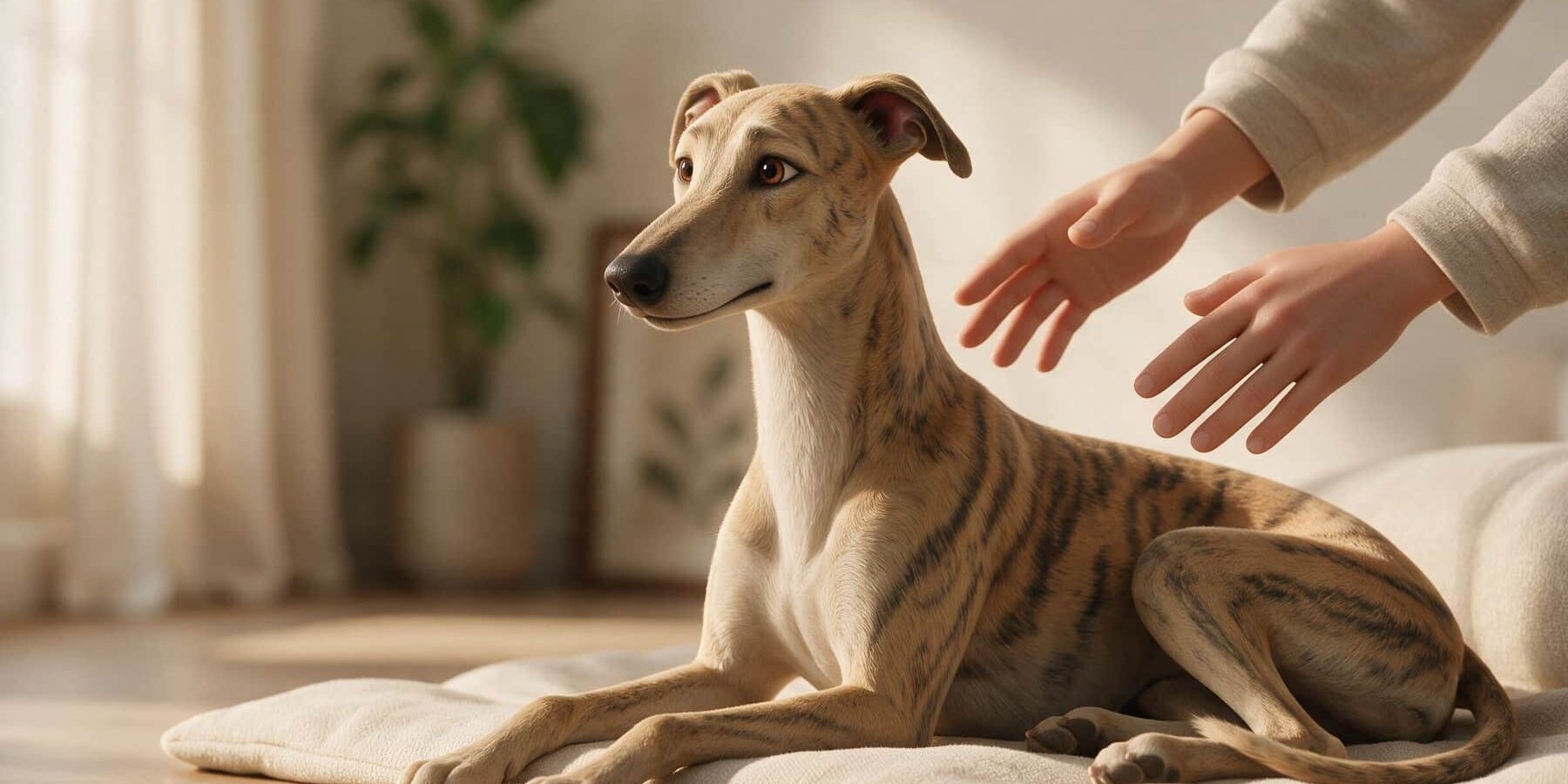 KI-generierte Darstellung eines ruhenden Whippets bei einem freiwilligen Reiki-Ruheangebot.