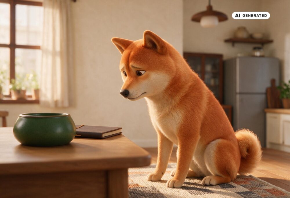 KI-generierte Darstellung eines Shiba Inu im Dreiviertelprofil neben Futternapf und Beobachtungsnotizbuch.