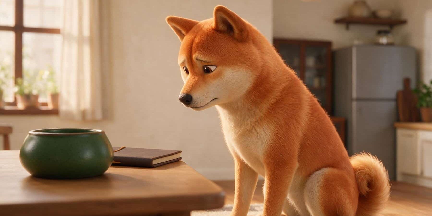 KI-Illustration 12483 – Magenbeschwerden einordnen KI-generierte Darstellung eines Shiba Inu im Dreiviertelprofil neben Futternapf und Beobachtungsnotizbuch.
