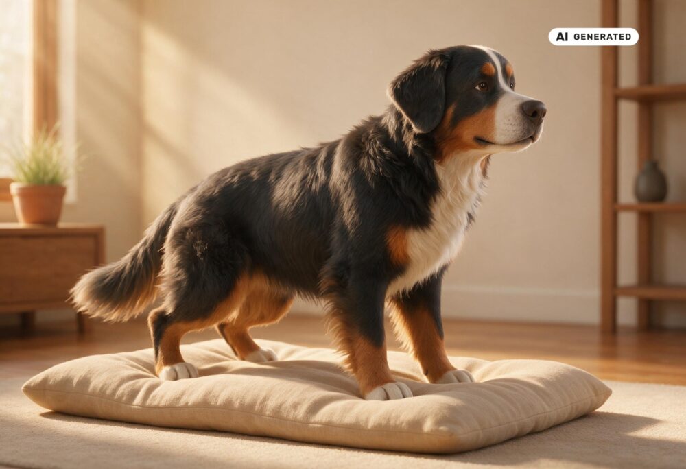 KI-generierte Darstellung eines älteren Berner Sennenhundes beim ruhigen Aufstehen von einer weichen Matte.