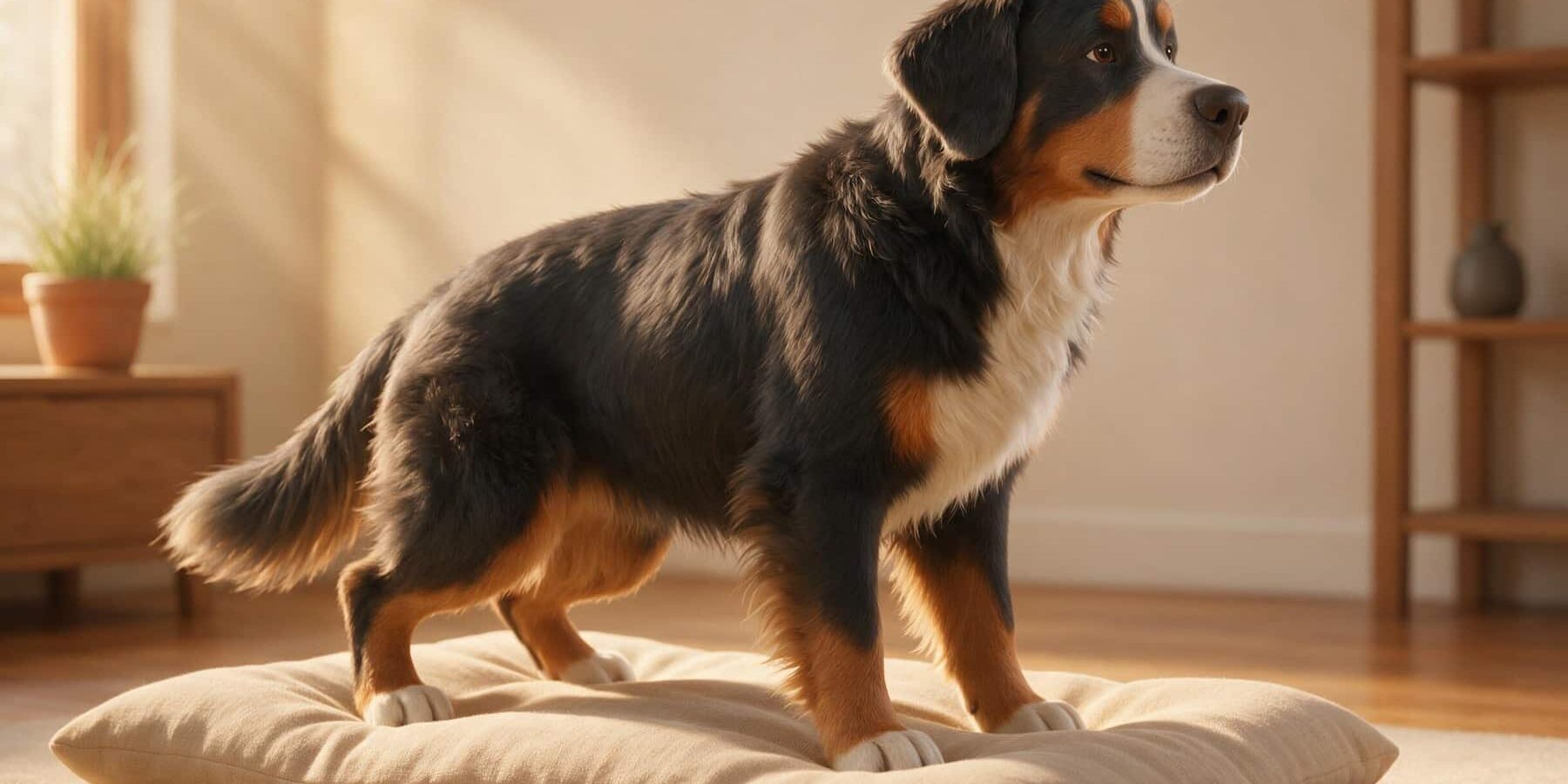 KI-generierte Darstellung eines älteren Berner Sennenhundes beim ruhigen Aufstehen von einer weichen Matte.